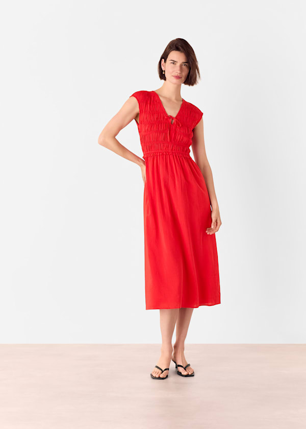 Red Shirred Bodice V Neck Dress